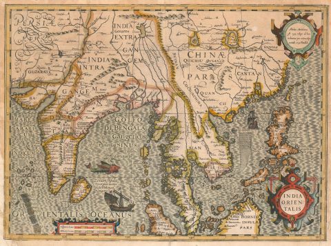1611 Jodocus Hondius Map of India, Southeast Asia and the Philippines