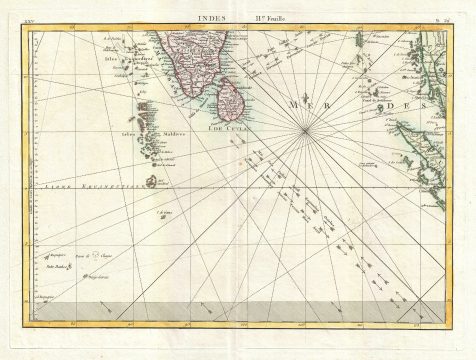 1770 Bonne Map of Southern India, Sri Lanka (Ceylon), the Maldives