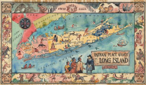 1957 Original 'Kash' Watercolor Pictorial Map of Long Island celebrating American Indian Heritage