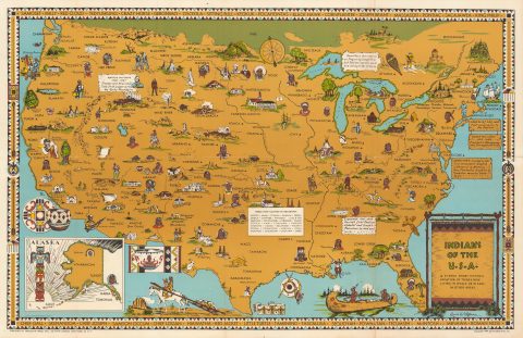 1944 Jefferson Pictorial Map of the United States Indian Tribes w/ Teacher's Kit