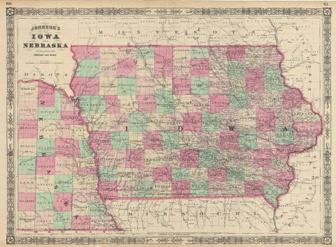 1864 Johnson Map of Iowa and Nebraska