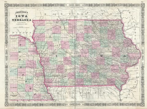 1866 Johnson Map of Iowa and Nebraska