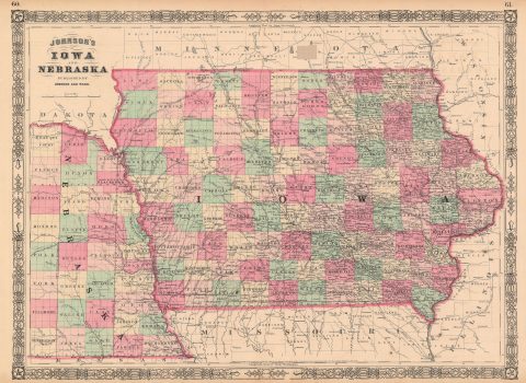 1865 Johnson Map of Iowa and Nebraska