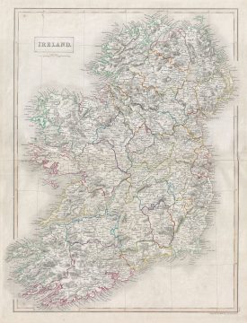 1840 Black Map of Ireland in Counties