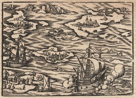 1628 Münster Woodcut View of Islands, Ships, and Monsters