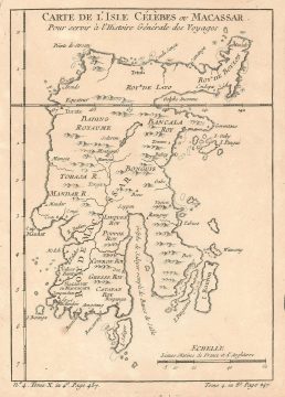 1757 Bellin Map of Celebes Island (Sulawesi), Indonesia