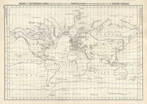 1844 Black Map or Chart of the Isothermal Lines showing the World's Temperatures