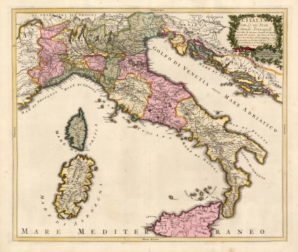 1701 Cantelli / Schenk Map of Italy Showing the Post Roads