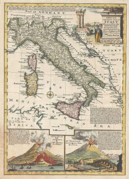 1747 Bowen Map of Italy w/ erupting Vesuvius and Etna