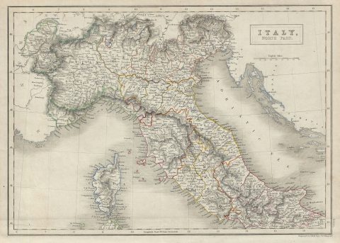 1840 Black Map of North Italy: Tuscany, Piedmont, Venice