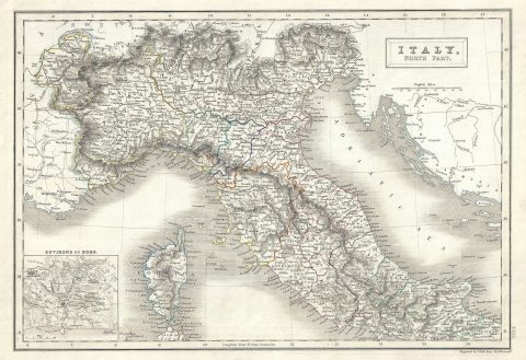 1844 Black Map of Northern Italy (Tuscany, Piedmont, Venice)