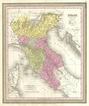 1854 Mitchell Map of Northern Italy: Tuscany, Venice, Milan