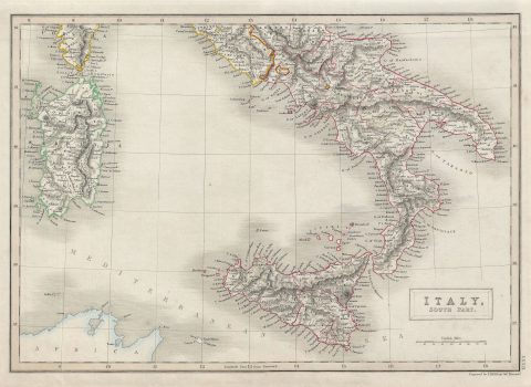 1840 Black Map of South Italy: Naples and Sicily