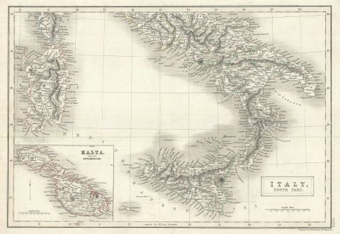 1844 Black Map of Southern Italy (Naples, Sicily)
