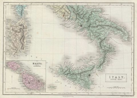 1851 Black Map of Southern Italy (Naples, Sicily)