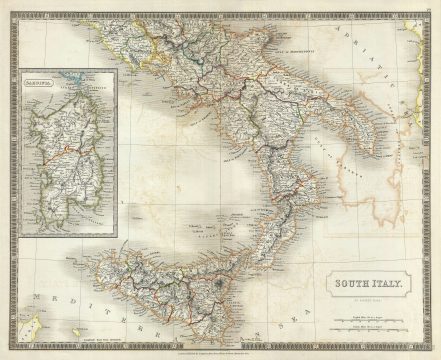 1835 Hall Map of Southern Italy : Naples, Sicily
