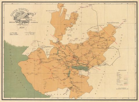1934 Direccion General de Correos y Telegrafos Map of Jalisco, Mexico