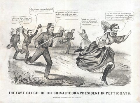1860 Currier and Ives Political Cartoon of Jefferson Davis fleeing as a Woman