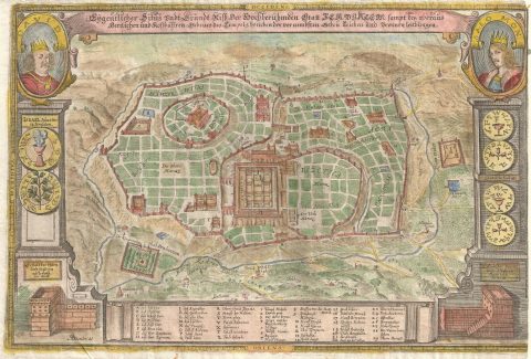 1670 Bockler Map of Jerusalem, with King David & Solomon