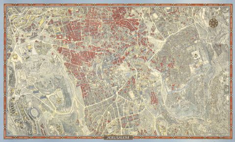 1972 Bollman Bird's Eye View Pictorial Map of Jerusalem, Israel w/original mailer