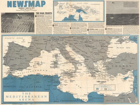 1943 Army Orientation Course Newsmap of the Mediterranean Sea and North Africa