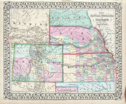 1867 Mitchell Map of Kansas, Nebraska, Colorado, Dakota and Wyoming