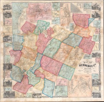1856 Chase Wall Map of Kennebec County, Maine