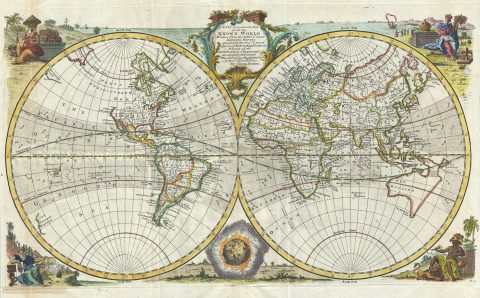1747 Bowen Map of the World in Hemispheres (Sea of Korea identified)