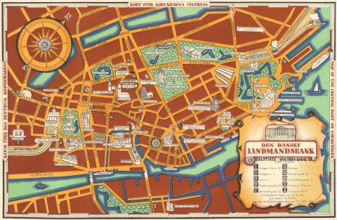 1936 Danske Landmandsbank Pictorial Map of Central Copenhagen, Denmark
