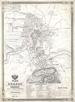 1847 Kocziczka City Map or Plan of Krakow, Poland