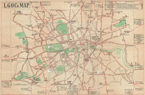 1914 London General Omnibus Company Bus Map of London, England