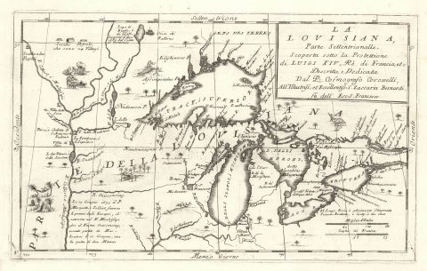 1694 Coronelli Map of Great Lakes (Best 17th C. Map of Great Lakes)