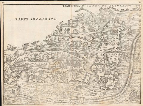 1556 Ramusio Map of New England (first specific map of the Northeast and Canada: First Edition)