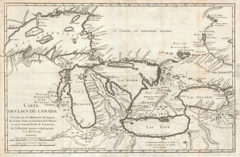 1744 Bellin Charlevoix Map of the Great Lakes (a seminal map)