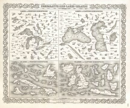 1855 Colton Map or Comparative Chart of the World's Islands and Lakes