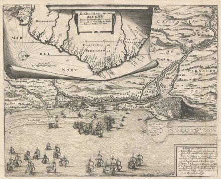 1655 Merian Map of Coast of Brazil and View of Olinda and Recife, Brazil