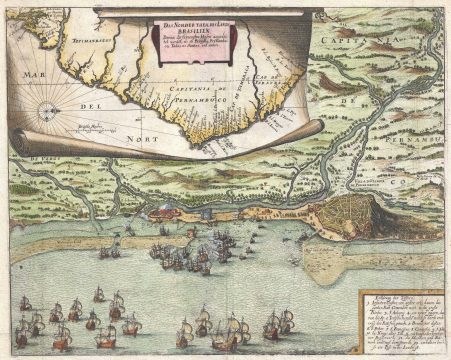 1655 Merian Map of Coast of Brazil and View of Olinda and Recife, Brazil