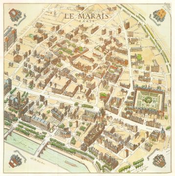 1985 Gatier Pictorial Map of Le Marais, Paris, France