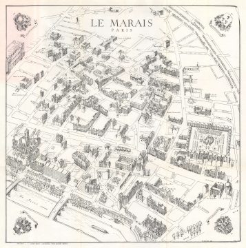 1979 Gatier Pictorial Map of the Marais District, Paris, France