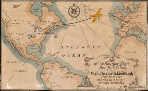 1927 Lynas Map of the World Celebrating Lindbergh's Flight Across the Atlantic