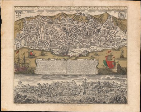 1756 Seutter / Lotter View and Map of Lisbon in the Wake of the 1755 Great Earthquake