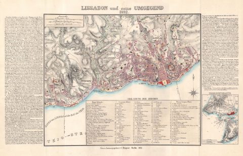 1832 Brugner City Plan or Map of Lisbon, Portugal