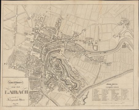 1827 Deschmann City Plan or Map of Ljubljana, Slovenia