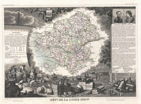 1852 Levasseur Map of Department De La Loire Inferieure, France (Muscadet Wine)