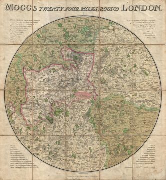 1820 Mogg Pocket or Case Map of London, England (24 Miles around)