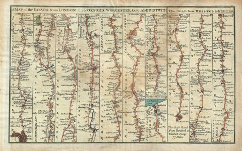 1765 Gentlemans Magazine Road Map: London to Aberystwyth,  Briston to Exeter.