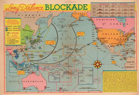 1939 Sundberg Pictorial Map of the Pacific Ocean Blockade Against Japan