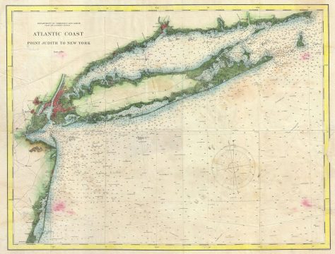 1890 U.S. Coast Survey Nautical Chart or Map of Long Island and New York City