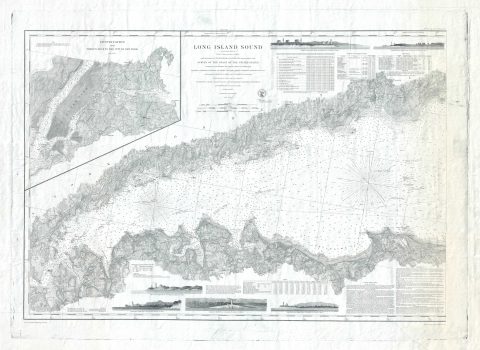 1920s U. S. Coast Survey Nautical Chart or Maritime Map of Long Island Sound