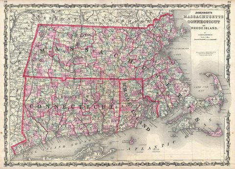 1861 Johnson Map of Massachusetts, Connecticut and Rhode Island